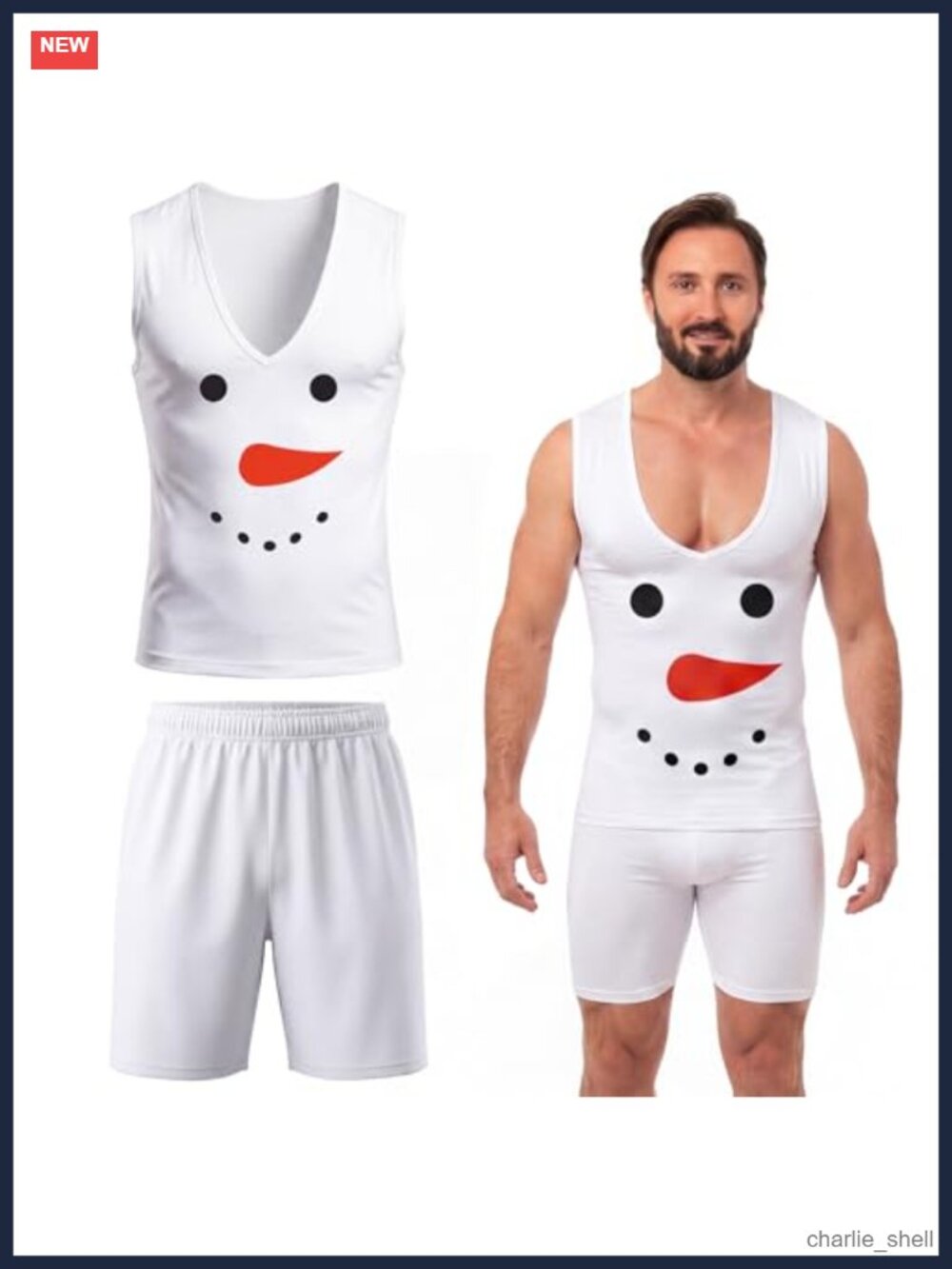 Men's Snowman Bodysuit Costume 2 Pc Deep V-Neck Milk Silk Sleeveless Halloween